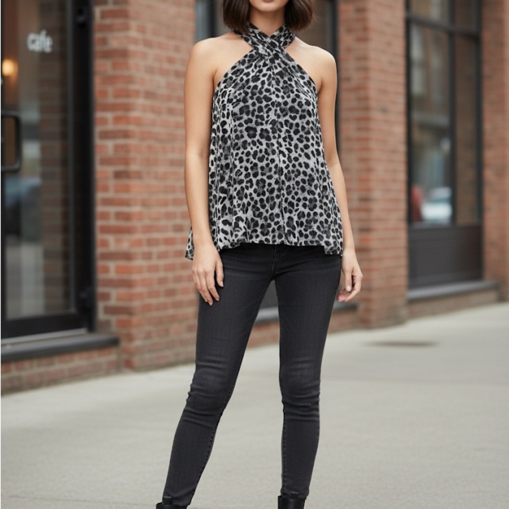 Sweet Pea Black and White Leopard Print Halter Top